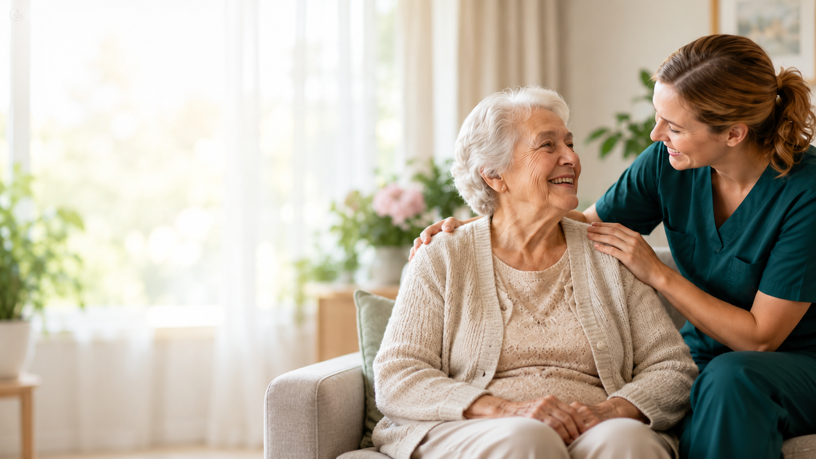 Illustrative image of an older adult smiling with a caregiver